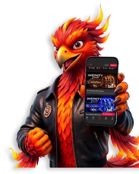 Mascota fénix de Bet30 Landing sosteniendo la app